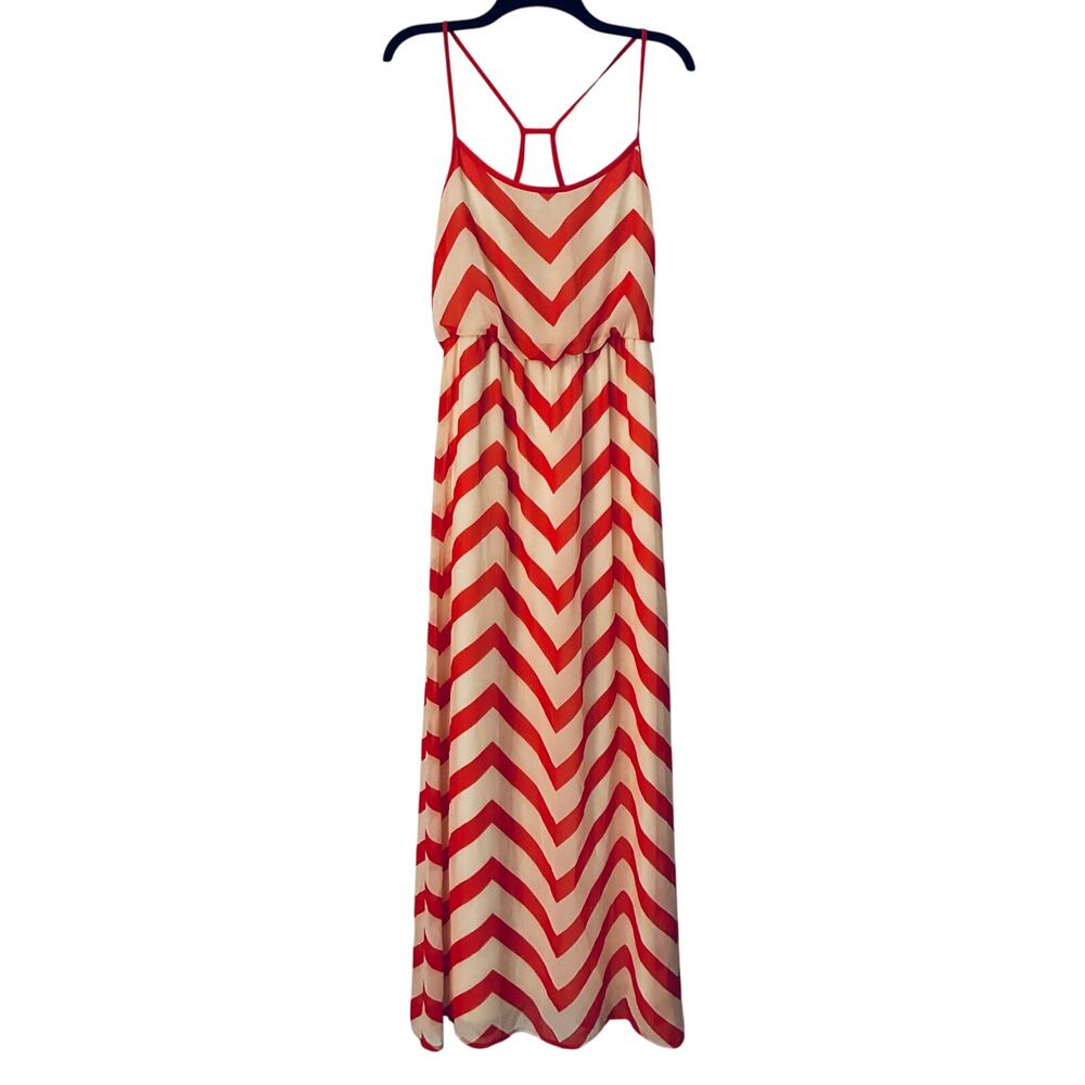 Bisou Bisou Michelle Bohbot Chevron Print Maxi Dress Red Cream 10